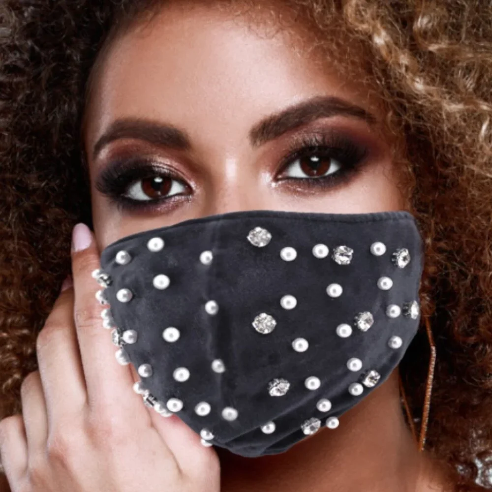 Gray Velvet Rhinestone Pearl Face Mask | Crystal Statement Mask NWT